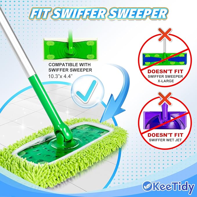 Reusable Mop Pads Compatible with Swiffer Sweeper Mops, 3 Pack 12 Inch Washable Microfiber Wet Pads Refills Dry Sweeping Cloths Heavy Duty Mop Head Replacement for Wet Dry Floor Cleaning, Green