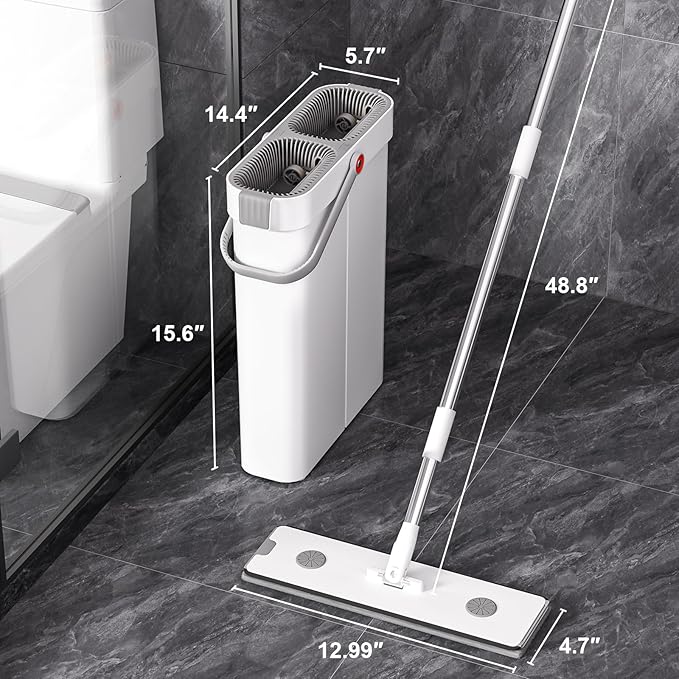 JOYBOS Mop and Bucket Set for Home Floor Cleaning, Hands Free Flat Mop, Stainless-Steel Handle, 6 Washable & Reusable Microfiber Pads