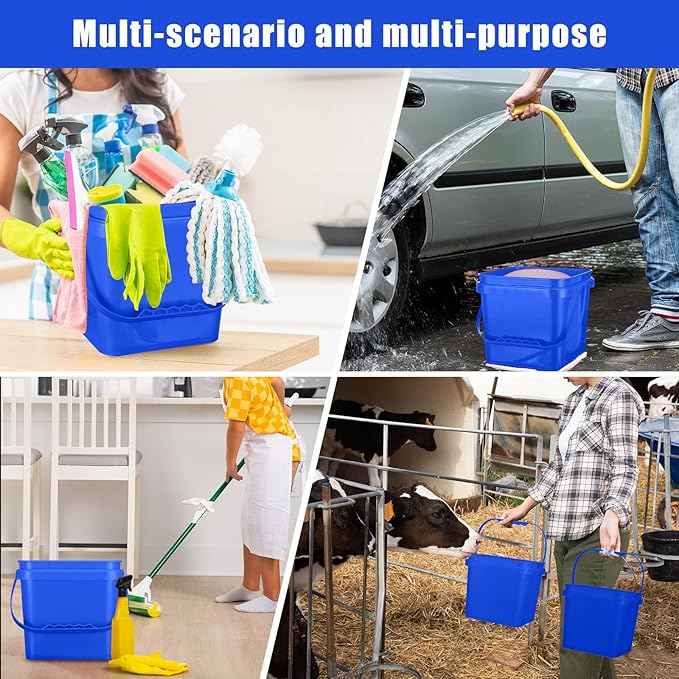 4 Pcs Plastic Bucket 5 Quart Square Bucket Utility Small Pail with Handle Sturdy Pail Organizer for House Cleaning Storage Livestock Feeding Car Washing Food Storage, No Lids(Blue)