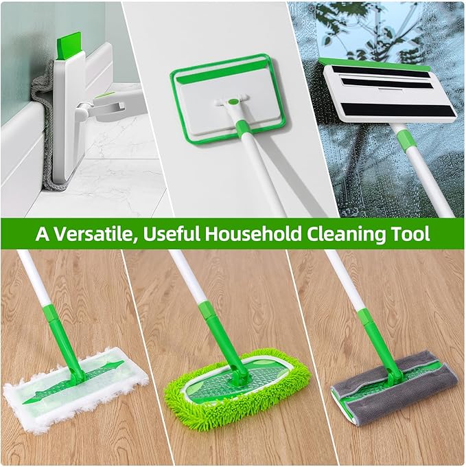 Baseboard Cleaner Tool with Handle, Extendable Long Handle Baseboard Cleaning Duster with Reusable Pads for Floorboard, Ceiling, Wall, Floor, Bathroom Kitchen (Green)