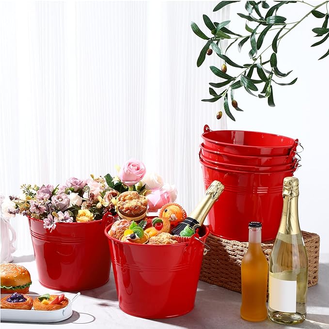 Zopeal 6 Pcs Large Metal Bucket Beer Bucket Galvanized Steel Pail with Handle for Gifts Basket Ice Candy Party(9 x 7 x 7 Inch,Red)
