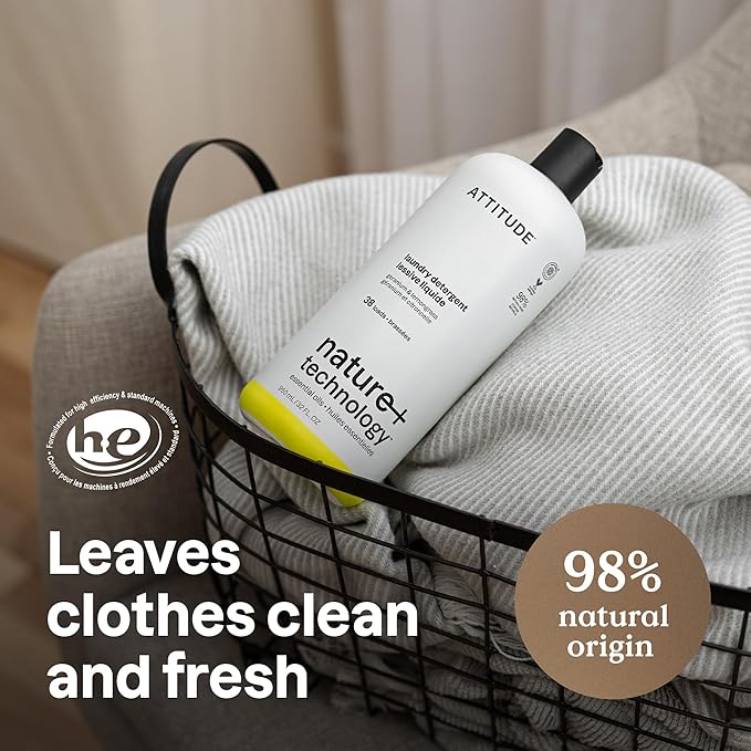 ATTITUDE Laundry Detergent Liquid, Natural Origin Ingredients, EWG Verified, High Efficiency, Infused with Essential Oils, For White and Colored Clothing, Geranium & Lemongrass, 38 Loads, 32 Fl Oz