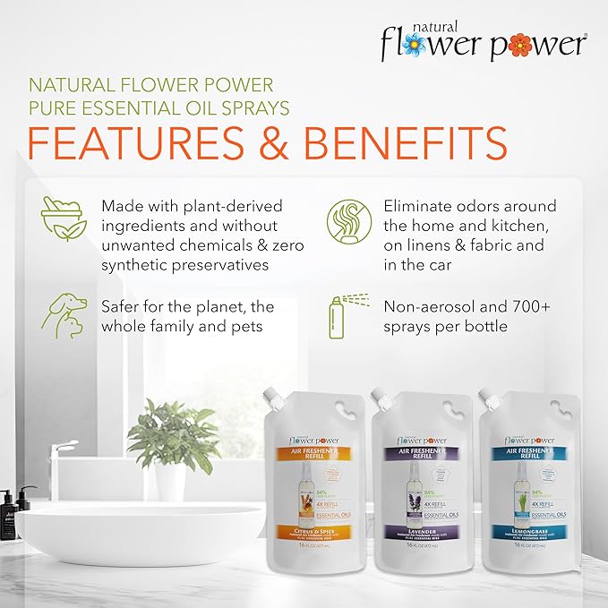 Natural Flower Power Air Freshener Spray Refills - Odor Eliminator w/Essential Oils - Home, Car & Fabric - Cruelty Free & Vegan - Variety Pack - Citrus & Spice, Lavender, Lemongrass - 3 x 16 fl oz