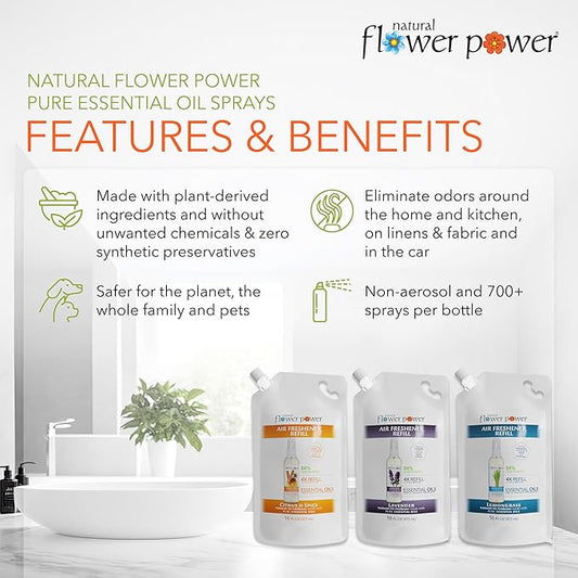 Natural Flower Power Air Freshener Spray Refills - Odor Eliminator w/Essential Oils - Home, Car & Fabric - Cruelty Free & Vegan - Variety Pack - Citrus & Spice, Lavender, Lemongrass - 3 x 16 fl oz