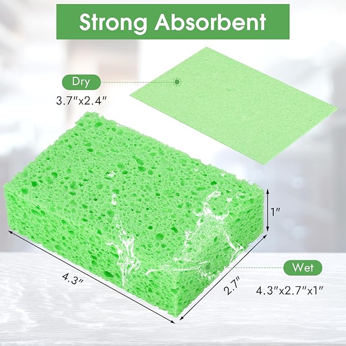 12 PCS Dish Sponges Kitchen, Non Scratch Cleaning Sponge for Non Stick Cookware, Natural Compressed Cellulose Wash Scrub for Household Bathroom, Soft Washing Scrubbers (Green)