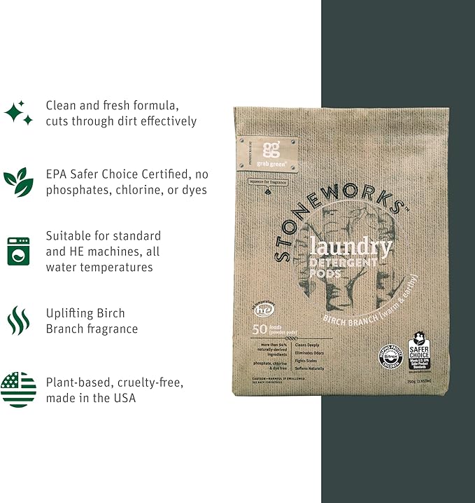 Grab Green Stoneworks Laundry Detergent Pods Sample Kit, 10 Count, Birch Branch, Fragrance Free Rain, Oak Tree, Olive Leaf, Rose Petal Scents, Plant a