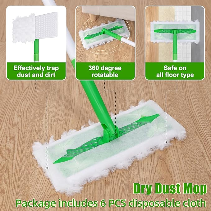 Baseboard Cleaner Tool with Handle, Extendable Long Handle Baseboard Cleaning Duster with Reusable Pads for Floorboard, Ceiling, Wall, Floor, Bathroom Kitchen (Green)
