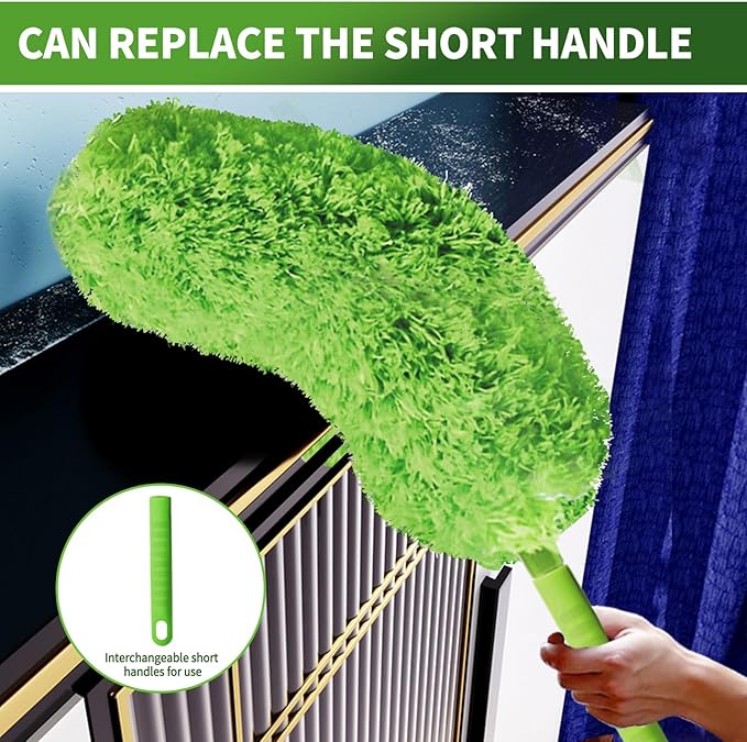Cobweb Duster with Extension Pole, Washable Cleaning Duster Set with 2 Duster Heads, Corner Brush, 15-110-Inch Telescoping Pole for high Ceiling Fans, Long Duster for high Ceilings，Reach Duster