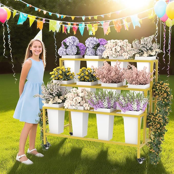 Flower Cart Display Stand with Buckets & Wheels – 3-Tier Mobile Flower Bar Cart for Shops, Weddings, Garden, and Home – Includes 12 Buckets & 4 Hooks (Gold)