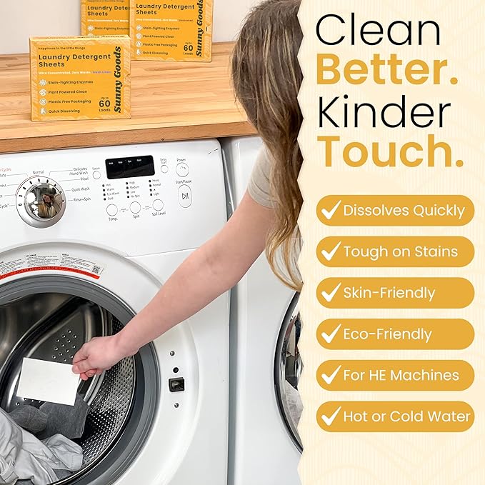 Laundry Detergent Sheets with Plant Powered Stain-Fighting Enzymes - 60 Loads - Concentrated Liquidless Laundry Soap Sheets - Home and Travel Laundry Detergent - Fresh Linen