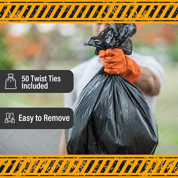 Extra Heavy Duty Black Contractor Garbage Bags 55 Gallon, 50 Trash Bags, Construction Grade, 3 mil, Made in USA