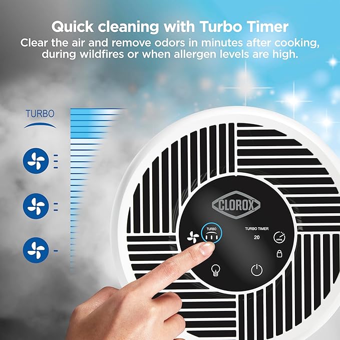 Clorox Turbo Air Purifiers for Home, True HEPA Filter, Quickly Cleans Medium Rooms Up to 1,000 Sq Ft, Reduces 99.9% of Mold, Viruses, Wildfire Smoke, Allergens, Pet Allergies, Dust, Whisper Quiet