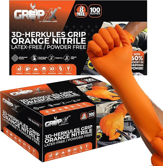 Herkules Grip Heavy Duty 8Mil Orange Nitrile Gloves,3D Raised Diamond Texture-Latex & Powder Free-Industrial, Mechanic