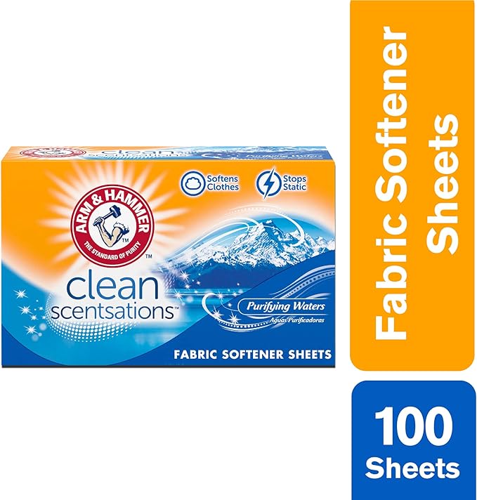 ARM & HAMMER Fabric Softener Sheets, 100 sheets, Purifying Waters (Pack of 2)