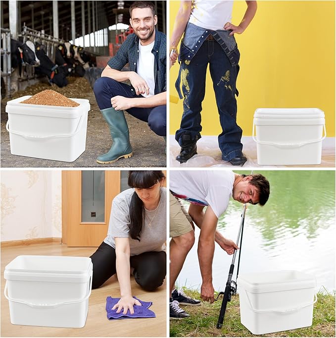 5 Gallon Rectangular Plastic Bucket Pail with Lid, 4 Pack White Square Bucket Pail Container with Handle for Food Storage