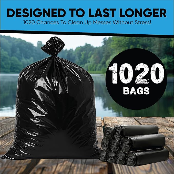 Black 13 Gallon Trash Bags – Bulk 1020 Count – Tall Kitchen Garbage Bags – 13 Gal Unscented Plastic Can Liners for Bathroom, Office, Janitorial, Commercial, Industrial, Municipal – Drawstring-Free