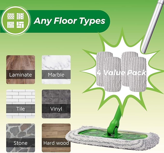 4 Pack of Reusable Mop Pad Compatible with Swiffer Sweeper, Heavy Duty Scrubby Microfiber Mop Cover Multi-Surface Cleaning Wet Dry Refills