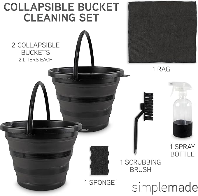 SIMPLEMADE Collapsible Bucket Cleaning Set - Includes 2 Foldable Buckets, Spray Bottle, Rag, Scrubbing Brush and Sponge - Holds Up to 10 liters, Easy Storage, All-Purpose Cleaning Solution