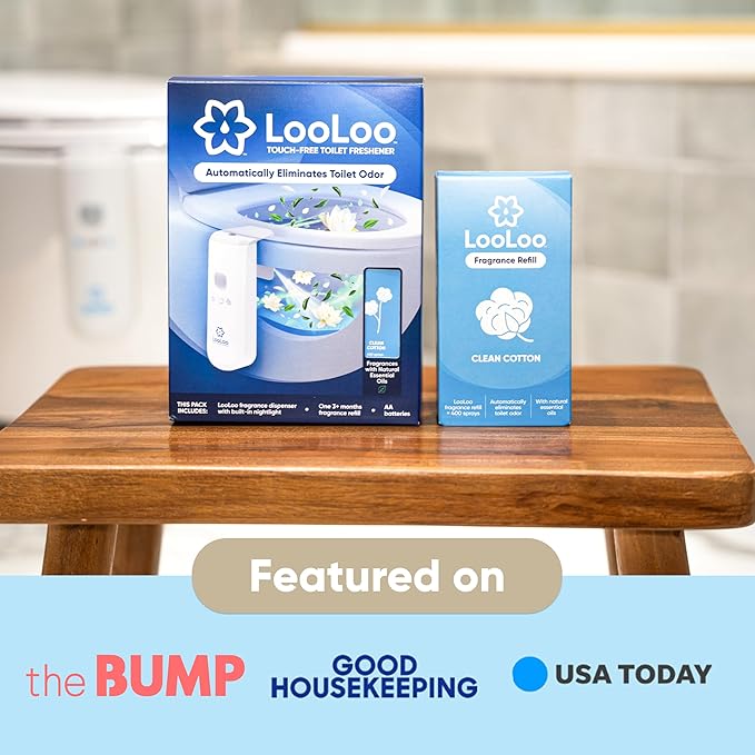 LooLoo 3.0 Touch Free Toilet Freshener Automatic Air Freshener Spray for Bathroom Starter Kit with Light and Toilet Deodorizer, Bathroom Spray Odor Eliminator - Clean Cotton