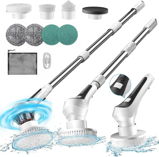 Electric Spin Scrubber,Cordless Shower Scrubber with Power Display Screen,IP68 Waterproof Bath Cleaning Brush,Adjustable Extension Handle & 2 Speeds,Electric Cleaning Brush for Bathroom,Kitchen,Tub