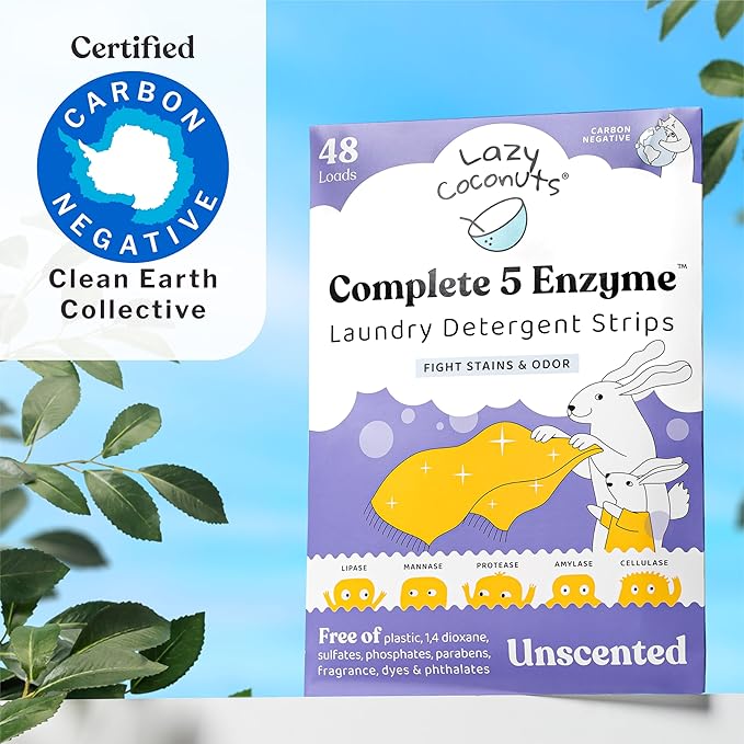 Lazy Coconuts Complete 5 Enzyme Laundry Detergent Strips - Unscented, 48 Loads - Sulfate Free Laundry Detergent With Solid And Liquid Enzymes - Fights Natural Stains and Odor