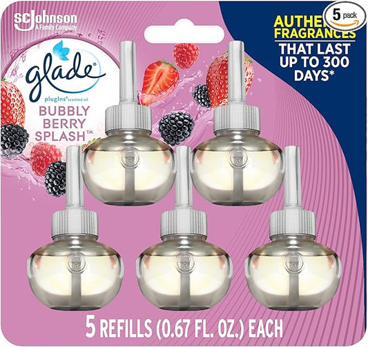 Glade PlugIns Refills Air Freshener, Scented and Essential Oils for Home and Bathroom, Bubbly Berry Splash, 3.35 Fl Oz, 5 Count