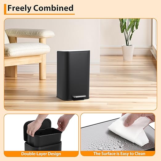 Stainless Steel Kitchen Trash Can 5.2 Gallon (20L) - Soft-Close Lid, Foot Pedal & Removable Inner Basket, Rectangular Step Bin for Office, Bedroom, Bathroom