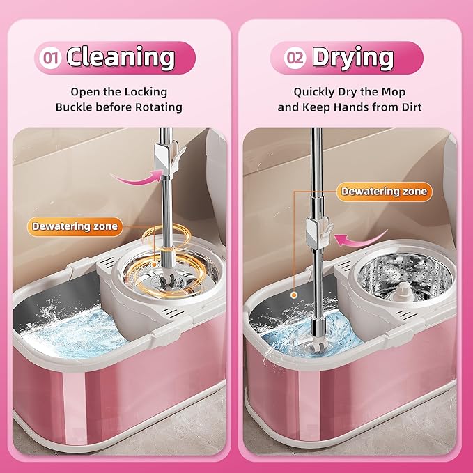 Spin Mop and Bucket with Wringer Set for Home,360° Mop and Bucket with Separate Clean and Dirty Water,Wet Dust Mop for Floor Cleaning with Extra Refills (Pink)