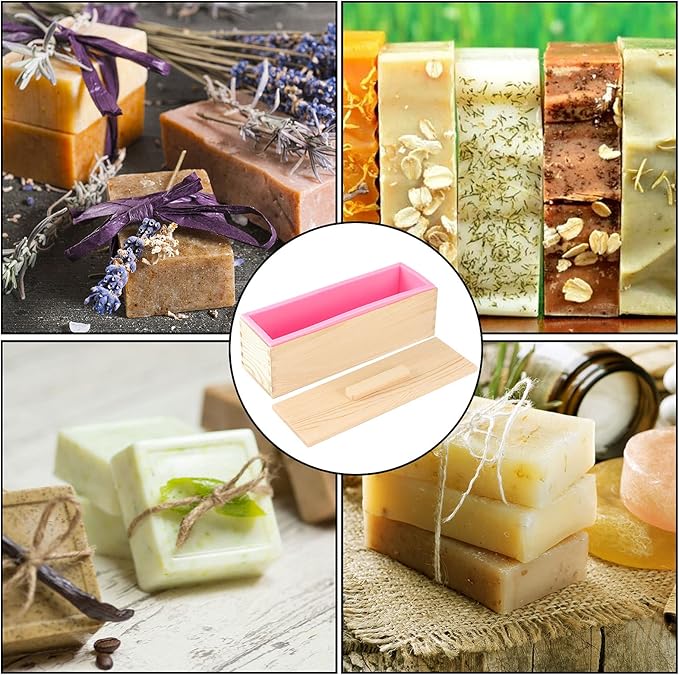 ZOENHOU 4 PCS 42 oz Pink Soap Molds with 4 Wooden Lids, Flexible Rectangular Silicone Soap Making Molds Kit with Wood Box DIY Tool Set for Soap Making Supplies
