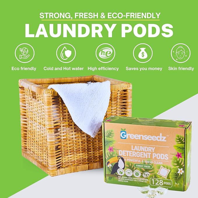 Greenseedz Eco Friendly Laundry Detergent Pods, 128 Pacs, Powerful Stain And Odor Removal, Skin Friendly, Rainforest Fresh Scent, Biodegradable and HE Compatible