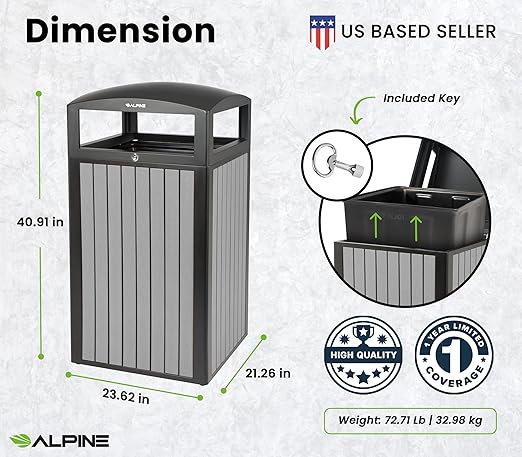 Alpine 40 Gallon Commercial Outdoor Trash Can with Lid - Modern Heavy Duty Large Outdoor Garbage Can with Durable Plastic Bin, Slatted Recycled Plastic Panels for Patio, Parks, Trails & Resorts (Grey)