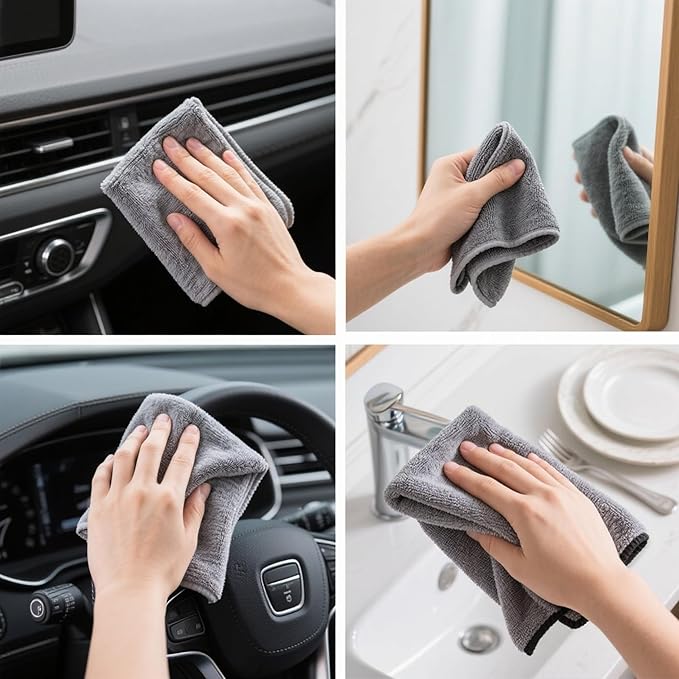 Microfiber Cleaning Cloths 100 Pack Microfiber Towels Hanging Bags 8.7x8.7 in, Lint Free, Streak Free, Absorbent, Reusable, Washable, Scratch Free, for Kitchen, Car Detailing, Glass, Gray/Blue