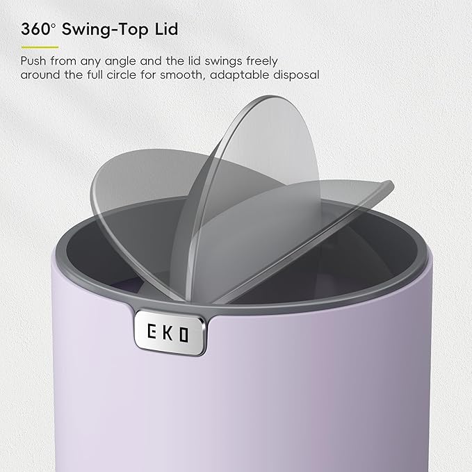 EKO Mini Desk Trash Can with Swing-Top Lid 0.4 Gallon Small Table Round Wastebasket for Office, Home, Car (Lavender)