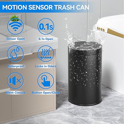 kaylowe Motion Sensor Bathroom Trash Can with Lid 4 Gallon Stainless Steel Garbage Cans Automatic Touchless Garbage Bin for Kitchen, Bedroom, Office, Living Room, Black