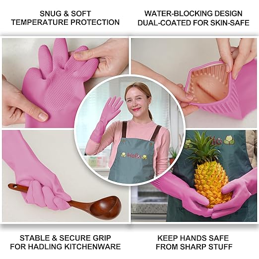 Mamison 2 Pairs Reusable Waterproof Household Dishwashing Cleaning Rubber Gloves, Non-Slip Kitchen Glove (Pink, Small (Pack of 2))