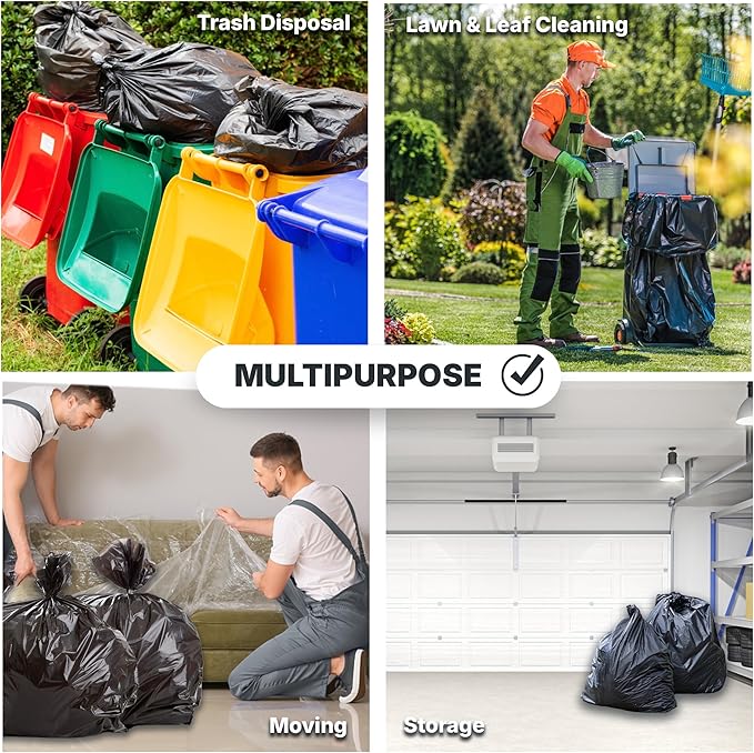 55-60 Gallon Trash Bags, 50 Micron Heavy Duty Pure LDPE Garbage Can Liners, 36" x 58" Large, Black, 50 Count