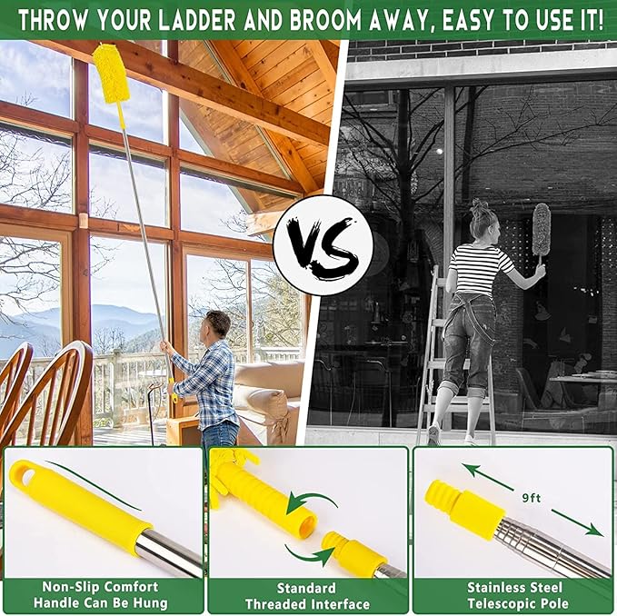 17 Foot High Reach Duster Kit with 2-to-9 Foot Extension Pole, Newliton 3-in-1 High Ceiling Chenille Duster, Microfiber Duster, Cobweb Duster, Indoor & Outdoor Extendable Bendable Duster Cleaning Set