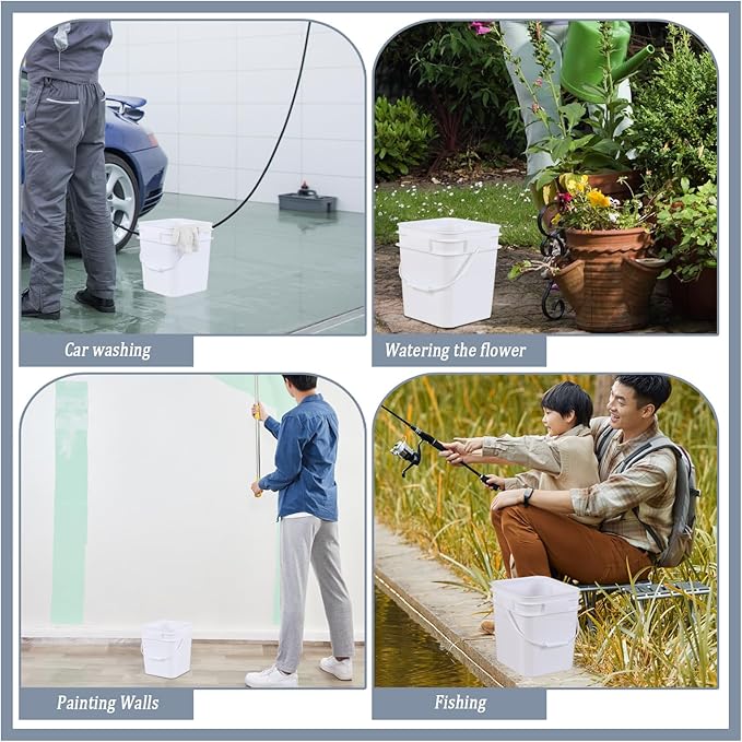 Teyyvn 4 Pcs 3 Gallon Square Bucket with Lid and Plastic Handles, White Plastic Utility Bucket Pail with Lid for Food Storage