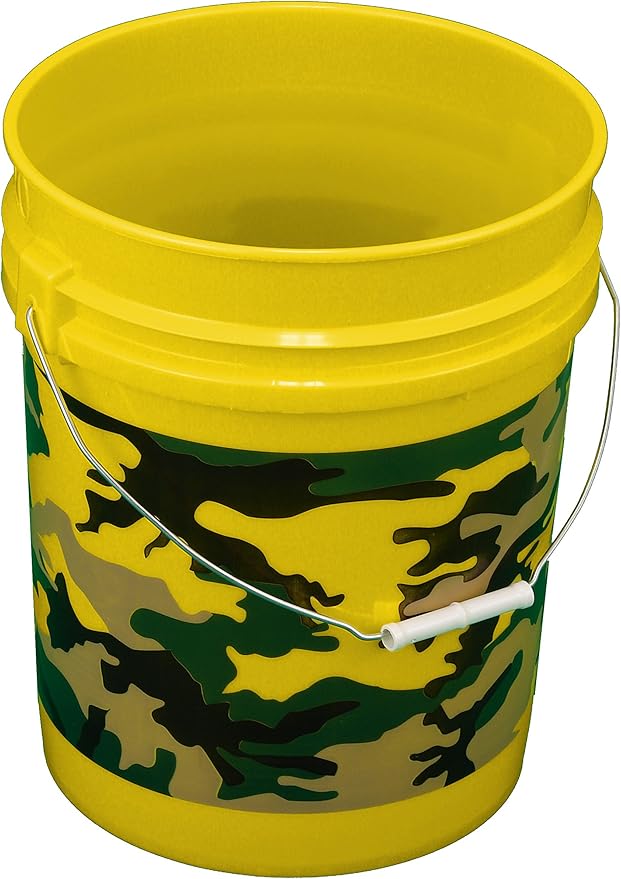 Yellow 5 Gallon Bucket with Camo Print; Heavy Duty 90 Mill.