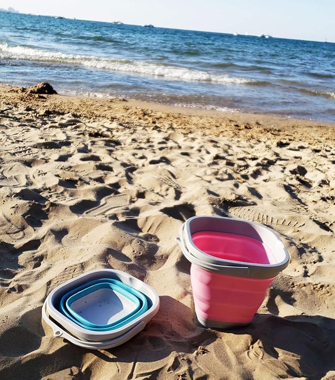 SAMMART Set of 2-2.6L (0.68 Gallon) Super Mini Sqare Collapsible Plastic Bucket - Foldable Square Tub - Portable Fishing Water Pail - Space Saving Outdoor Waterpot (2, Pink + Bright Blue)
