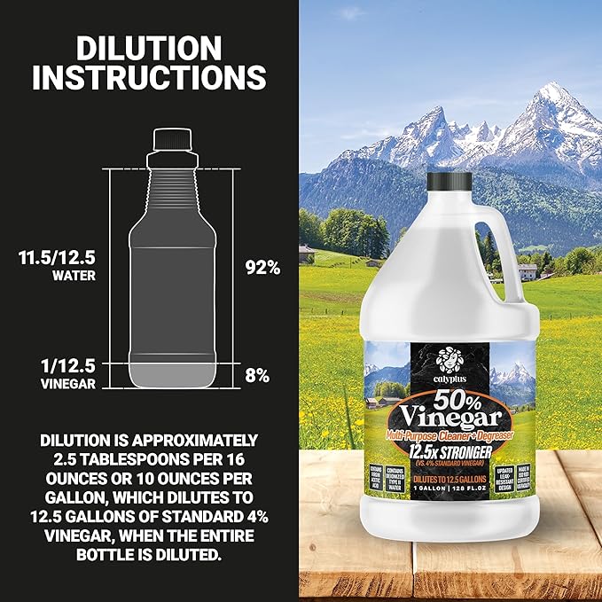 Calyptus 50% Pure Concentrated Vinegar | Maximum-Performance (12.5X) Power | Technical Grade | Dilutes Easily to 5% Acidity (1.5 Cups per Gallon) | Home and Outdoor Cleaning Concentrate | 4 Gallon