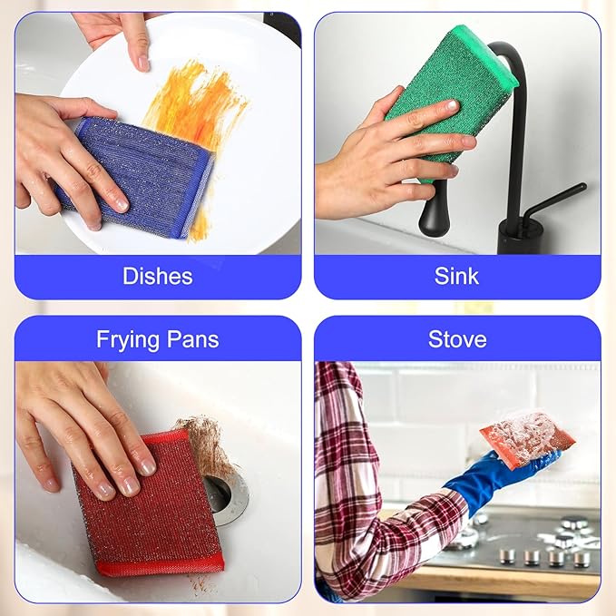 24 Pack Steel Scrub Sponges, Non-Scratch Metal Dish Scrubbers Heavy Duty Scouring Pads Kitchen Metal scrubbers for Pots Pans Cleaning Red Blue Green Yellow 4 Color
