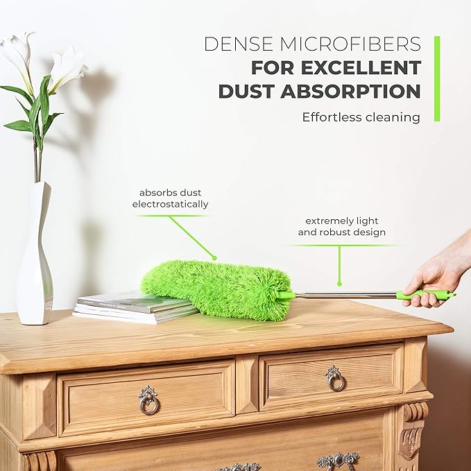 Extendable Microfiber Feather Duster, Feather Dusters for Cleaning, Ceiling Fan Dust and Cobweb Cleaner - Electrostatic Bendable Head - up to 100 Inch