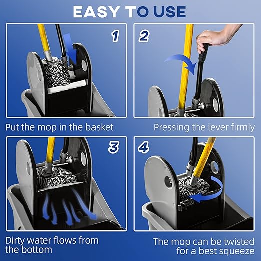 HOMCOM 9.5 Gallon (38 Quart) Mop Bucket with Wringer Cleaning Cart, 4 Moving Wheels, 2 Separate Buckets, & Mop-Handle Holder, Grey