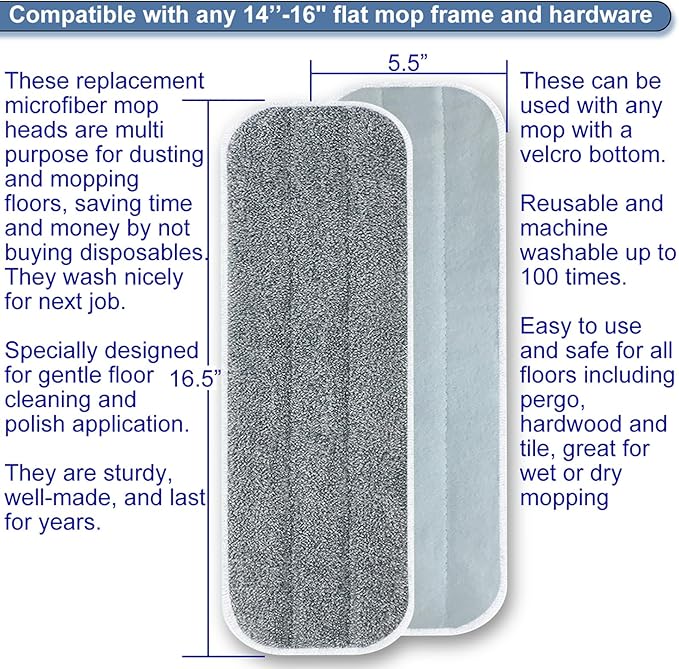 Microfiber Replacement Mop Pads 16.5''x5.5'' Compatible with Most Reveal Mop, 5 Packs Reusable Wet/Dry Floor Cleaning and Scrubbing Mops Refill Fit 14” to 16” Spray Mop Heads