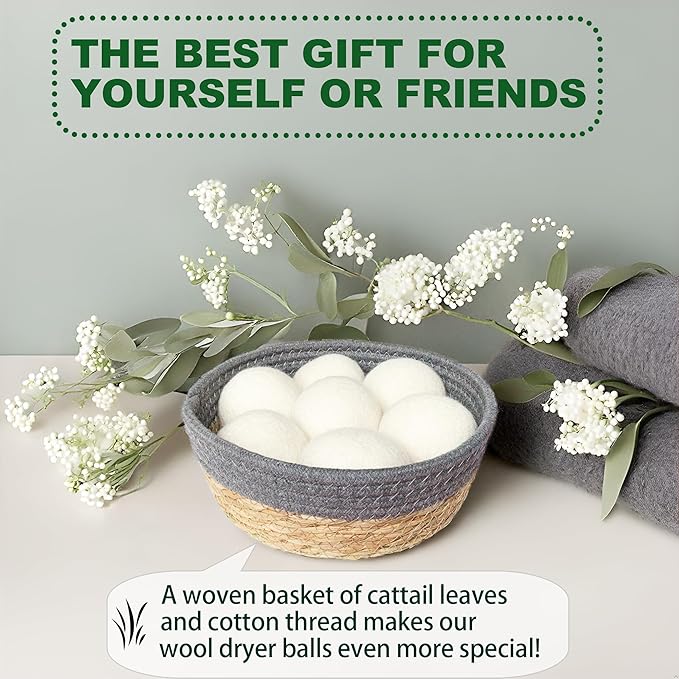 New Zealand Wool Dryer Balls | 7-Pack in Handmade Basket | Speed Up Drying & Reduce Wrinkles | Natural Reusable Fabric Softener