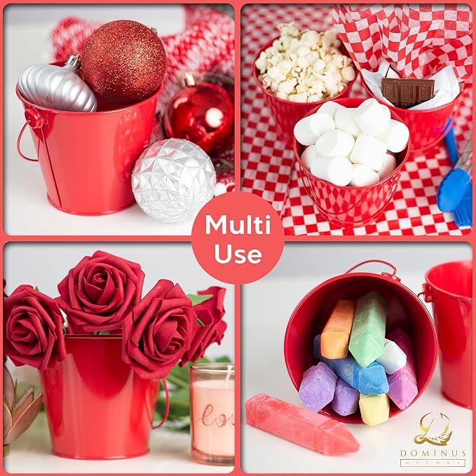 Small Metal Buckets with Handles - Leak-Proof Metal Pail Bucket - Galvanized Bucket with Handle - Multipurpose Tin Bucket for Party Favors, Organization, School, Weddings, Garden - Set of 6, Red