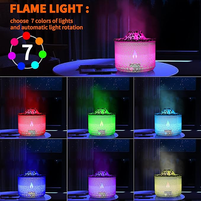 BOHOFAM Essential Oil Diffuser 360ML,Volcano and Flame Diffuser/Humidifier 2 Mode,Diffusers for Home with 7 Colorful Light,Included 4 Hotel Collection Diffuser Oil for Bedroom(White Translucent)
