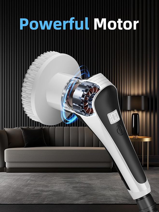 Electric Spin Scrubber,Cordless Shower Scrubber with Power Display Screen,IP68 Waterproof Bath Cleaning Brush,Adjustable Extension Handle & 2 Speeds,Electric Cleaning Brush for Bathroom,Kitchen,Tub
