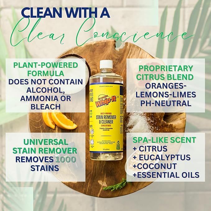 Whip-It Stain Remover and Concentrate Kit, 2-32oz Concentrates & 1-32 OZ Pro Spray Stain Remover, Makes 64 Bottles, Removes Coffee, Wine, Baby Stains, Pet Stains, Plant Based, Enzyme Cleaner, 500 Uses